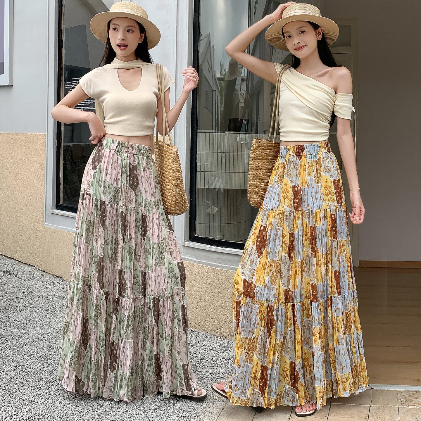 獨特別致度假風黃色碎花半身裙女2026夏季高腰顯瘦飄逸氣質大擺裙