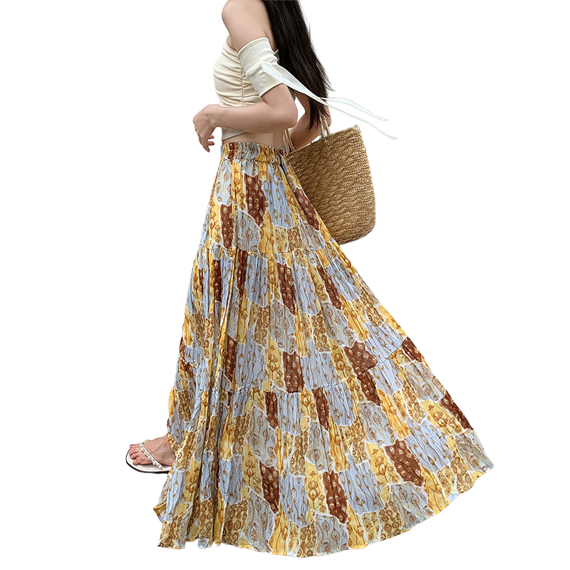 獨特別致度假風黃色碎花半身裙女2026夏季高腰顯瘦飄逸氣質大擺裙