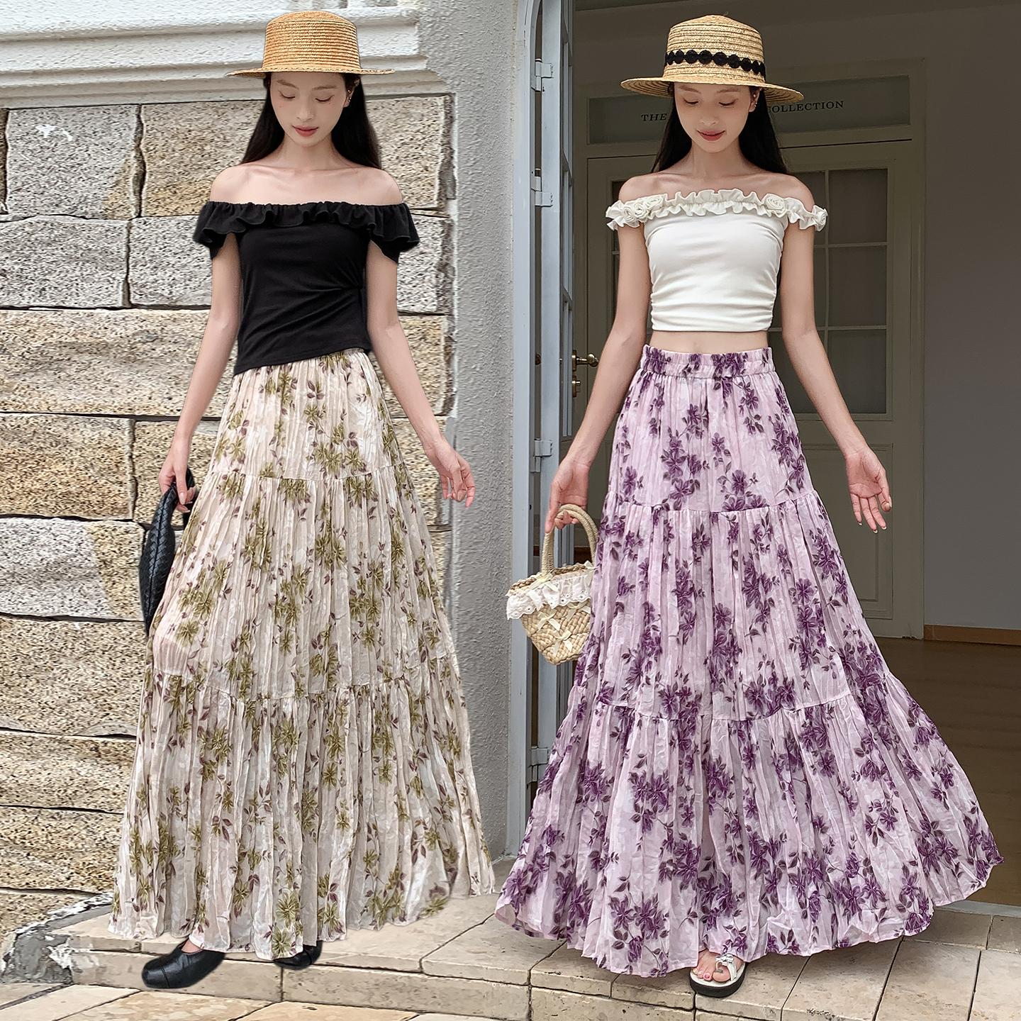 文藝風森系碎花半身裙女2026夏季水墨雪紡印花百搭顯瘦大擺長裙子