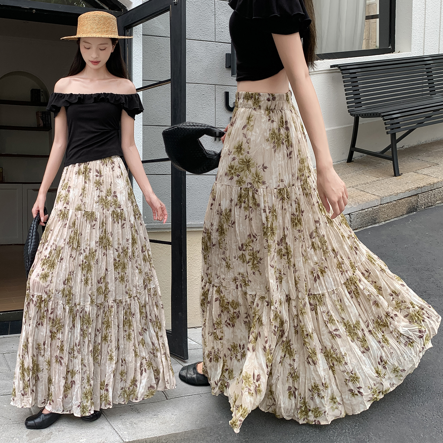 文藝風森系碎花半身裙女2026夏季水墨雪紡印花百搭顯瘦大擺長裙子