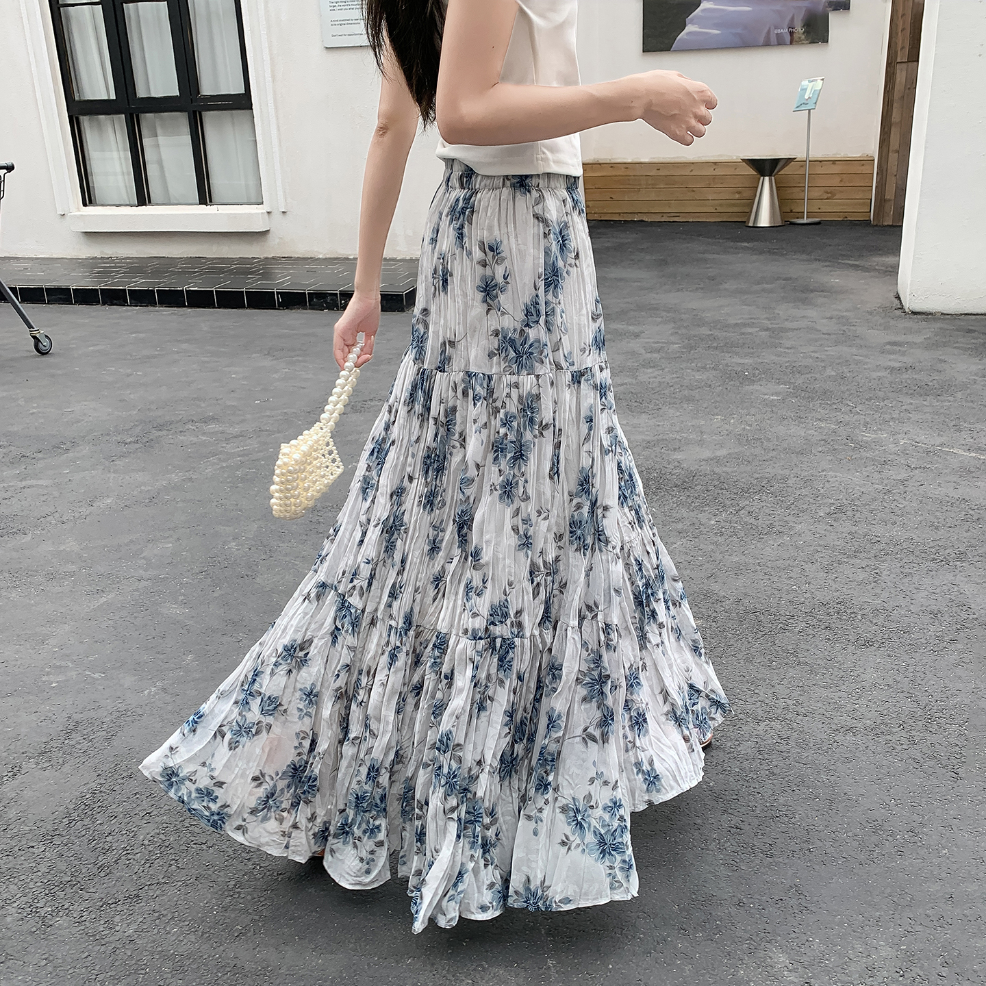 文藝風森系碎花半身裙女2026夏季水墨雪紡印花百搭顯瘦大擺長裙子