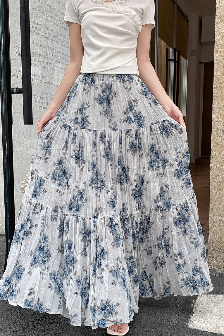 文藝風森系碎花半身裙女2026夏季水墨雪紡印花百搭顯瘦大擺長裙子