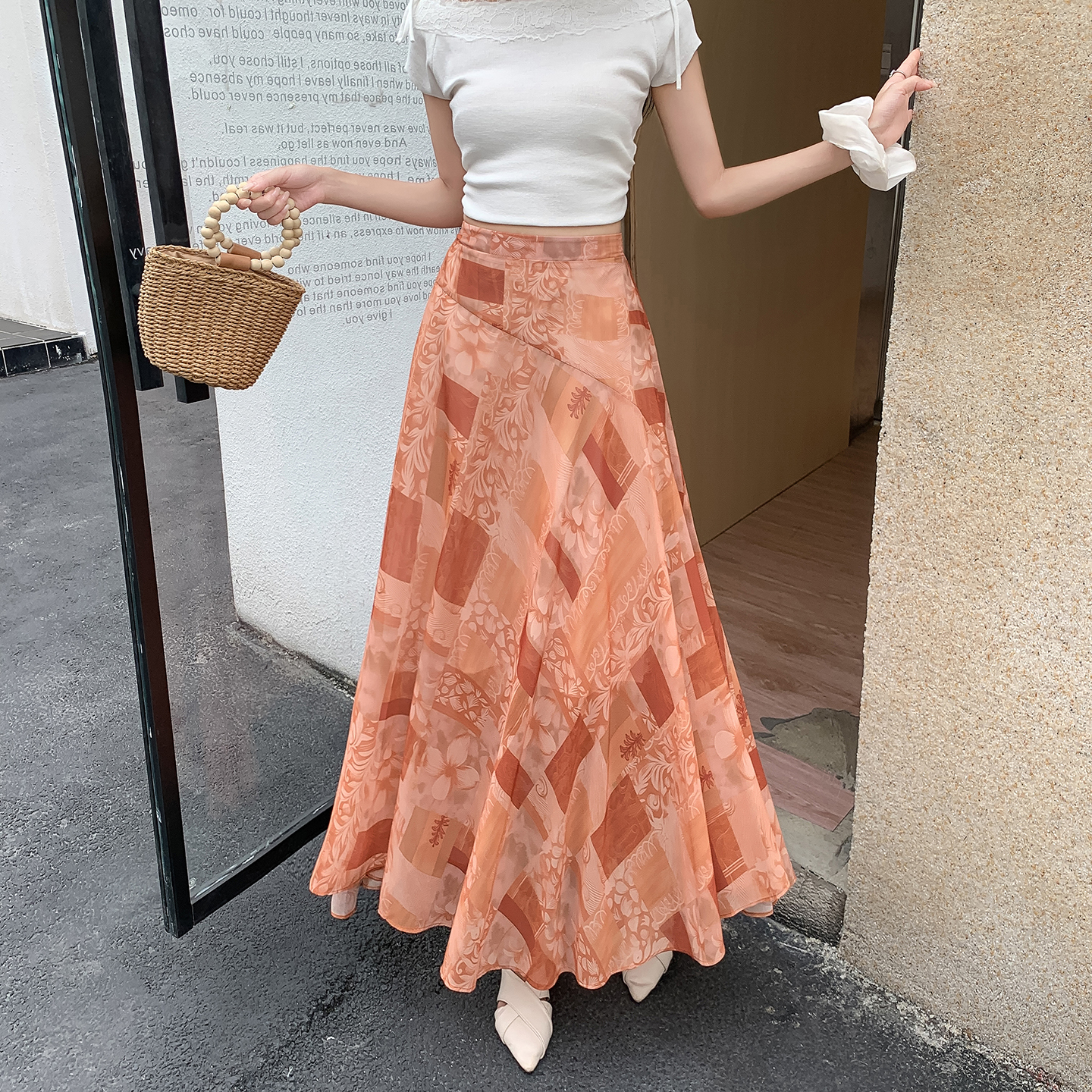 不規則印花半身裙女2026夏季新款松緊高腰夏天薄款A字傘裙中長裙