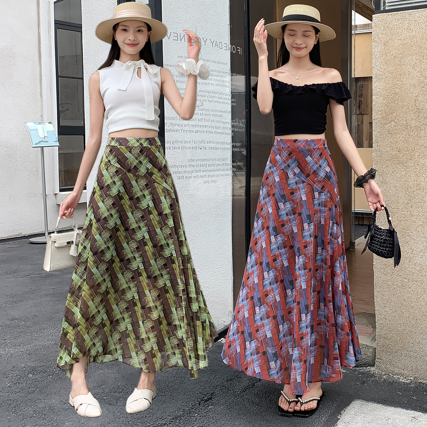 復古撞色格紋半身裙女2026夏季新款高腰顯瘦設計感A字長裙子