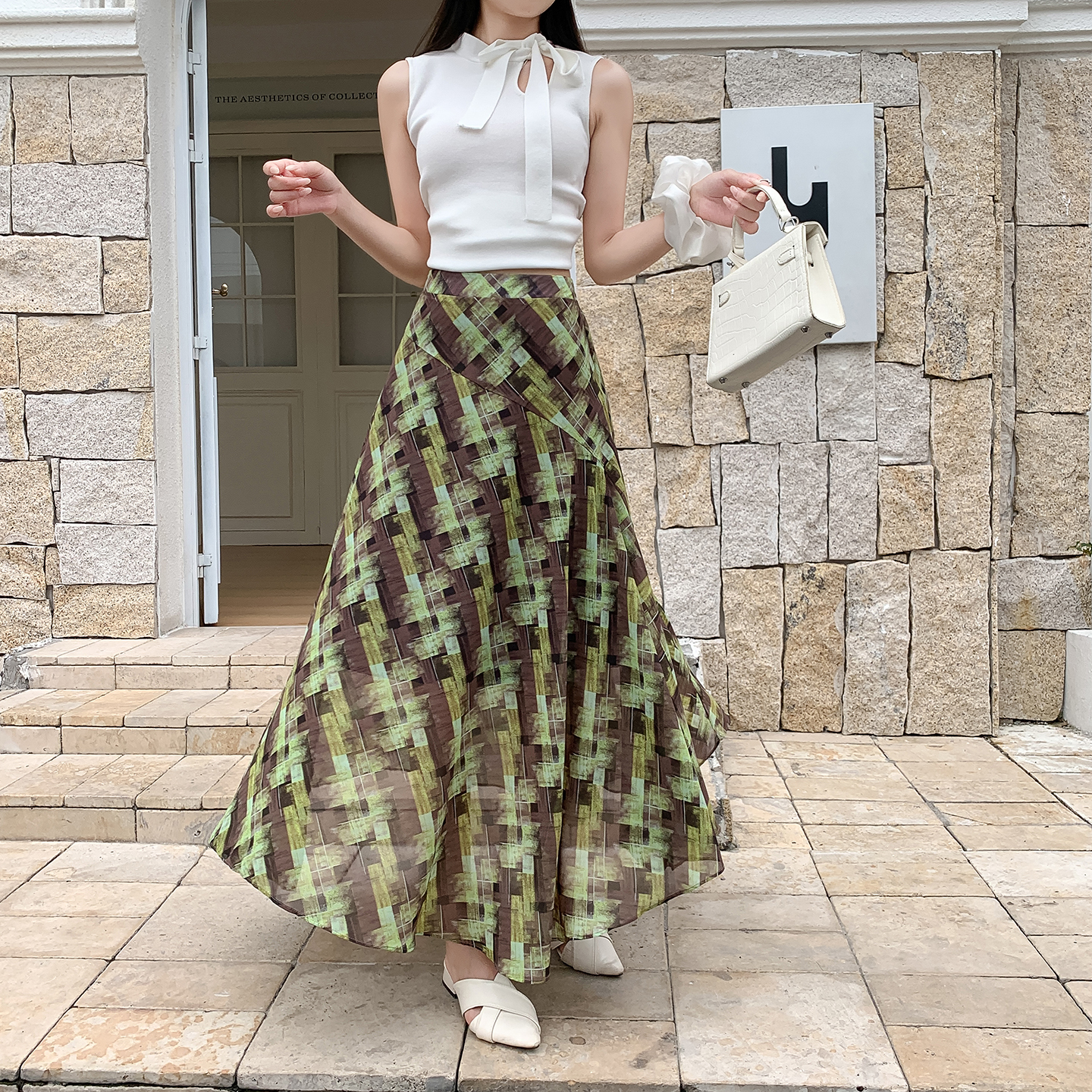 復古撞色格紋半身裙女2026夏季新款高腰顯瘦設計感A字長裙子