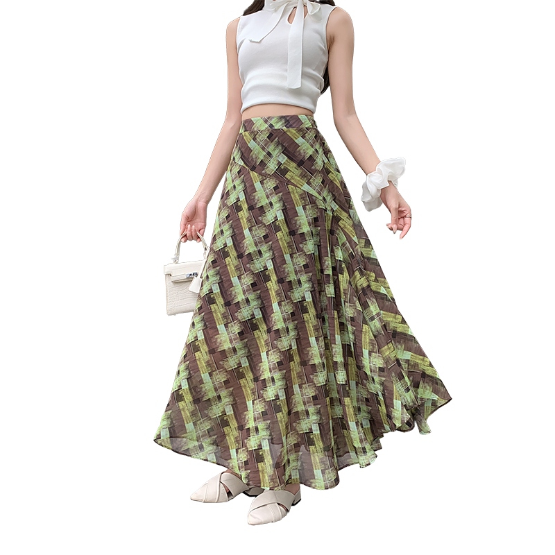 復古撞色格紋半身裙女2026夏季新款高腰顯瘦設計感A字長裙子