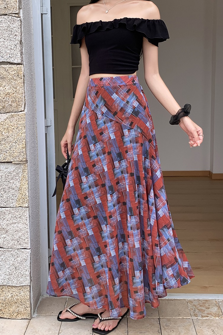 復古撞色格紋半身裙女2026夏季新款高腰顯瘦設計感A字長裙子