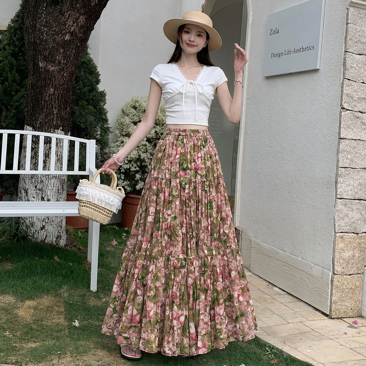 油畫碎花半身裙女2025夏季新款法式復古高腰顯瘦a字傘裙百褶長裙