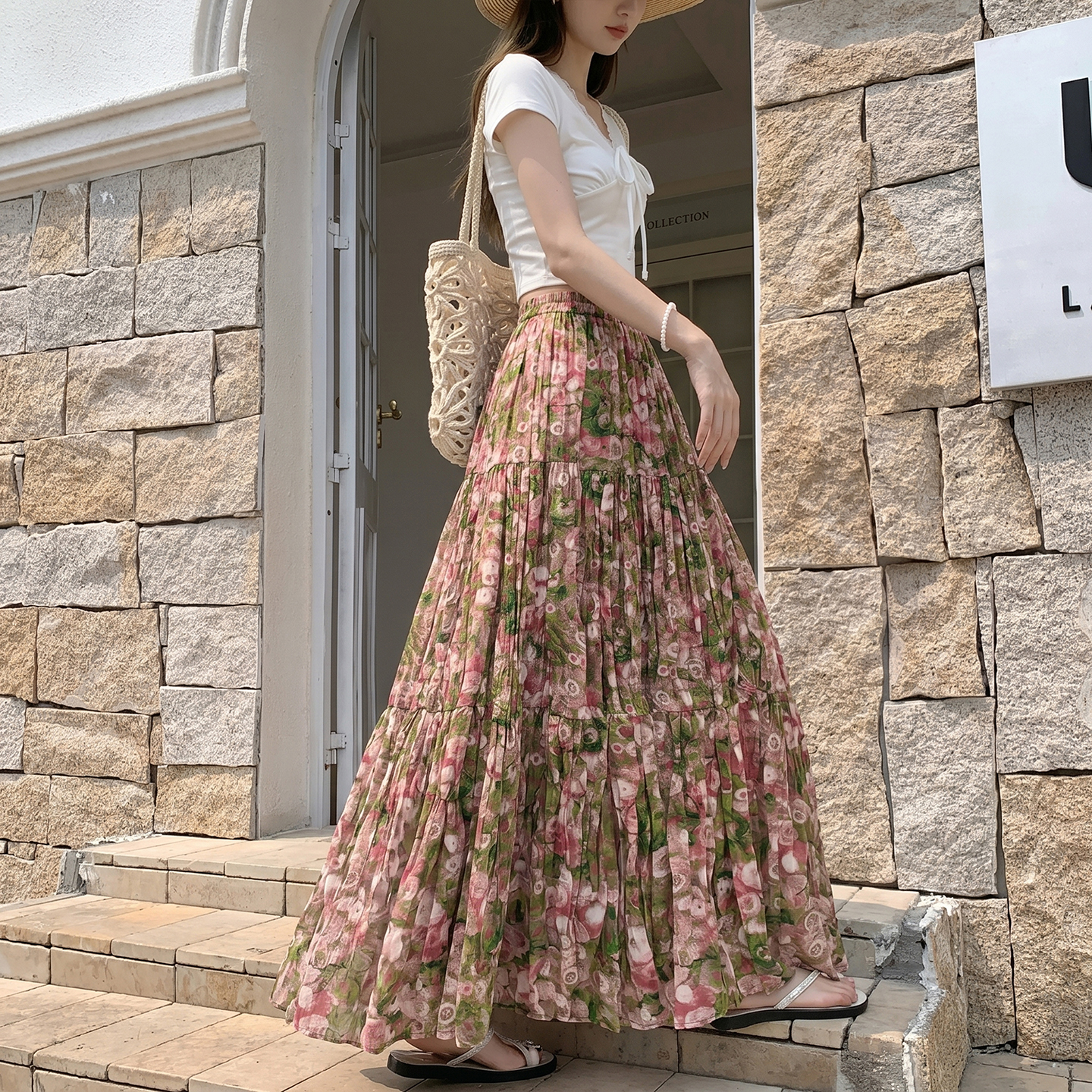 油畫碎花半身裙女2025夏季新款法式復古高腰顯瘦a字傘裙百褶長裙