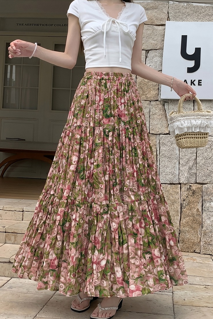 油畫碎花半身裙女2025夏季新款法式復古高腰顯瘦a字傘裙百褶長裙