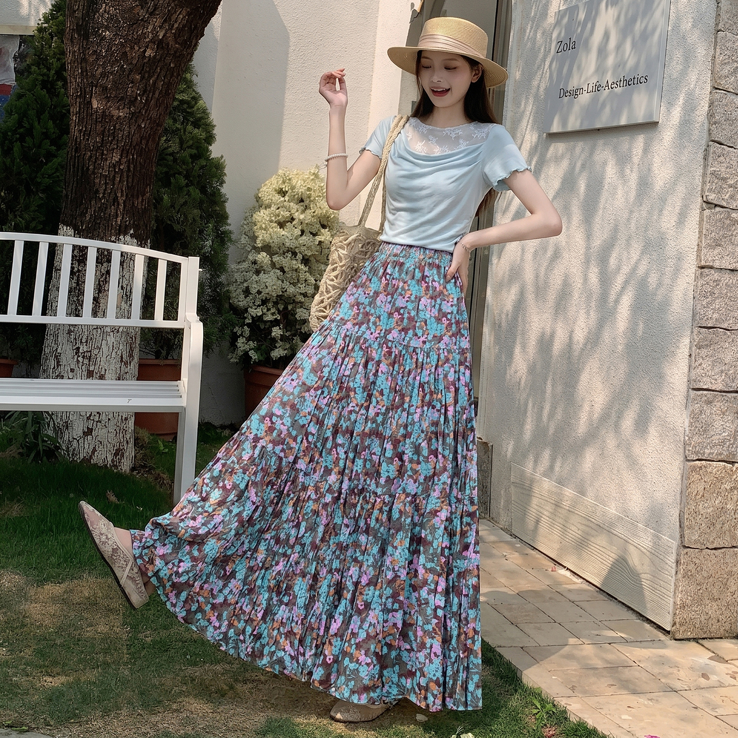 油畫碎花半身裙女2025夏季新款法式復古高腰顯瘦a字傘裙百褶長裙
