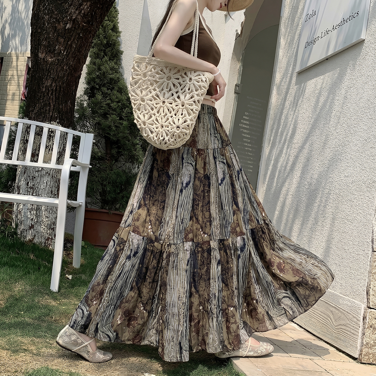復古高腰褶皺半身裙女2026夏季新款印花百搭高腰顯瘦氣質大擺長裙