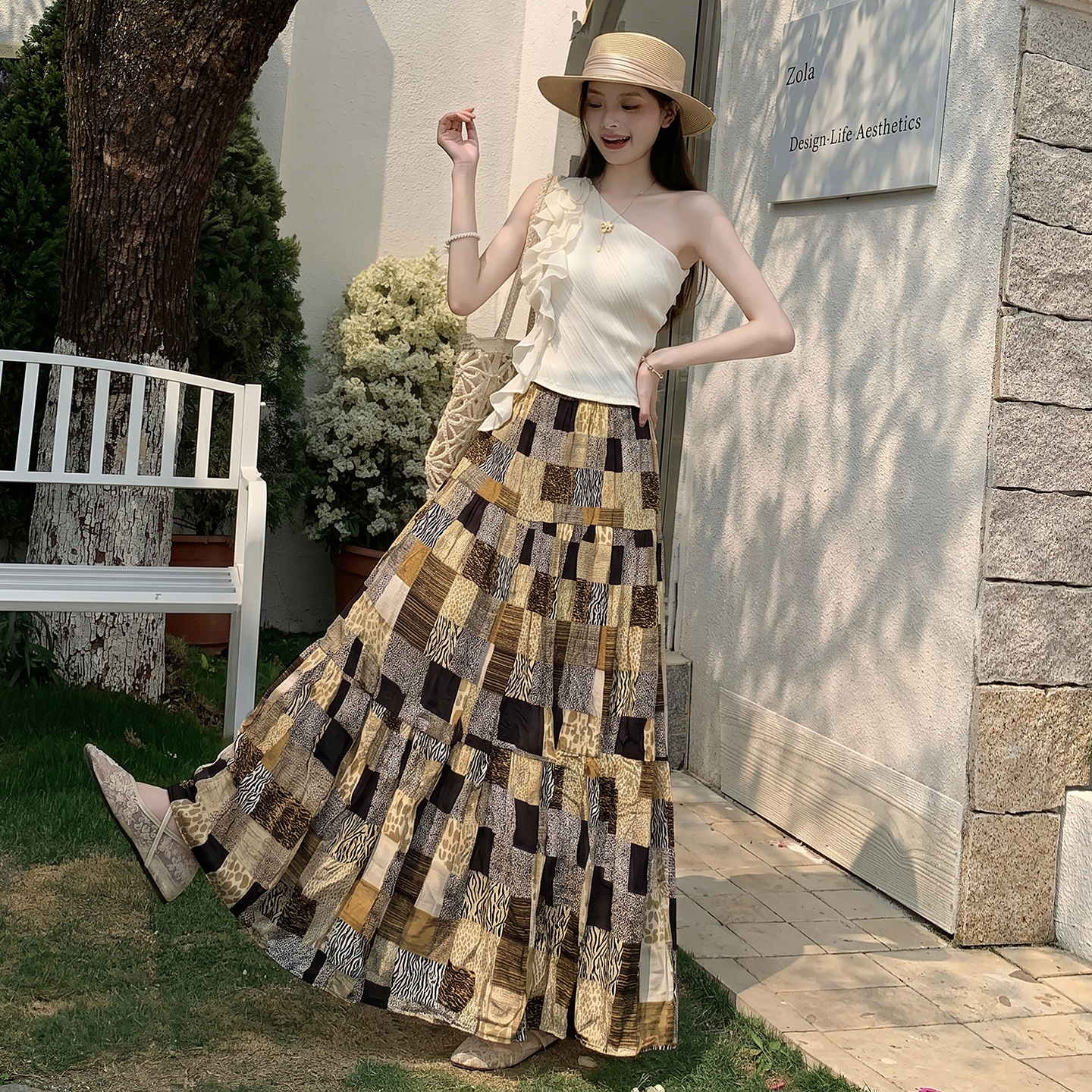 復古藝術印花壓褶半身裙女2026夏季新款高腰顯瘦飄逸A字大擺裙
