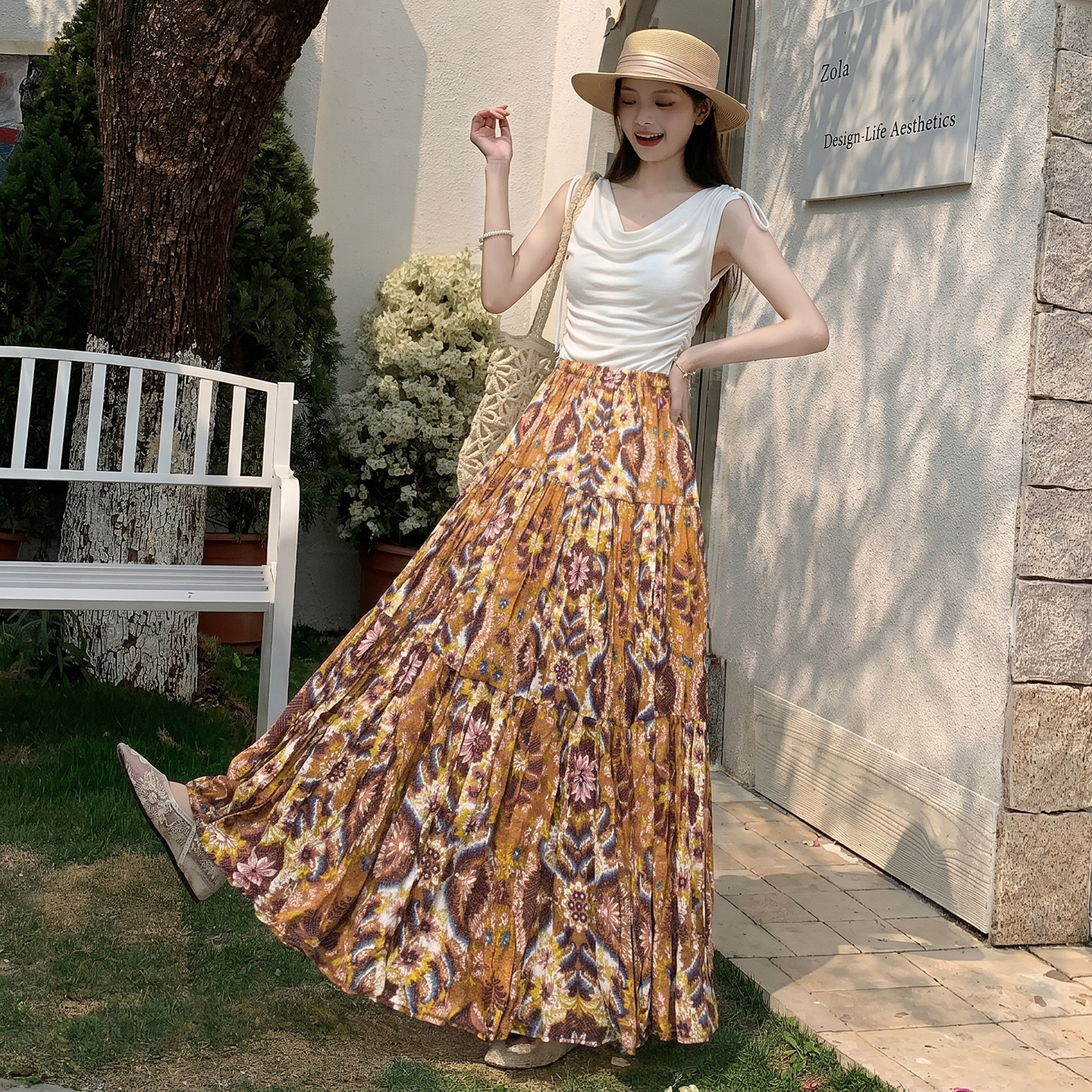 法式復古雪紡碎花半身裙女2026夏季波西米亞風顯瘦寬松超大擺長裙
