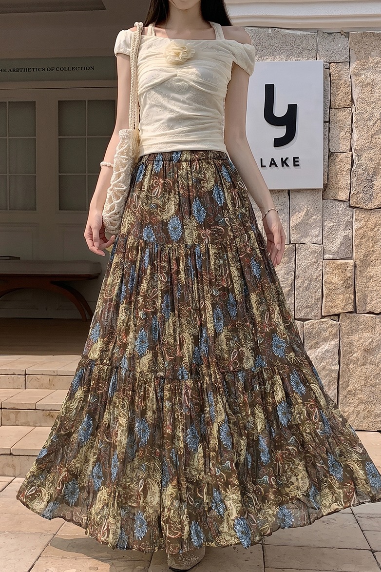 法式復古雪紡碎花半身裙女2026夏季波西米亞風顯瘦寬松超大擺長裙