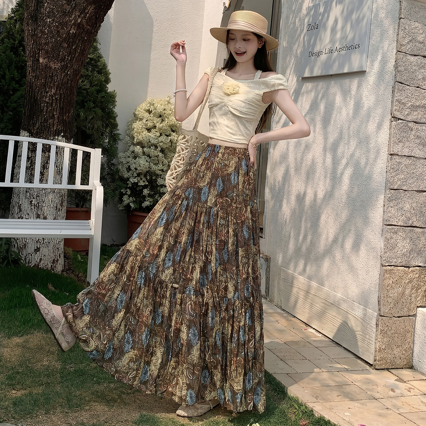法式復古雪紡碎花半身裙女2026夏季波西米亞風顯瘦寬松超大擺長裙