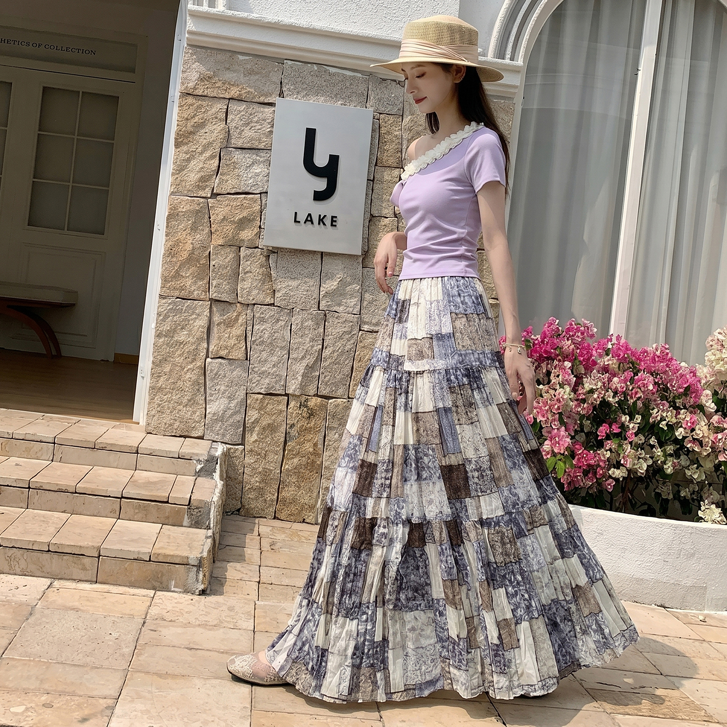 2026夏季新款高腰顯瘦復古印花半身裙女氣質a字裙大擺中長裙