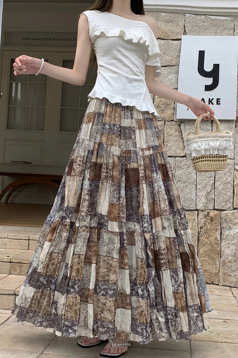 2026夏季新款高腰顯瘦復古印花半身裙女氣質a字裙大擺中長裙