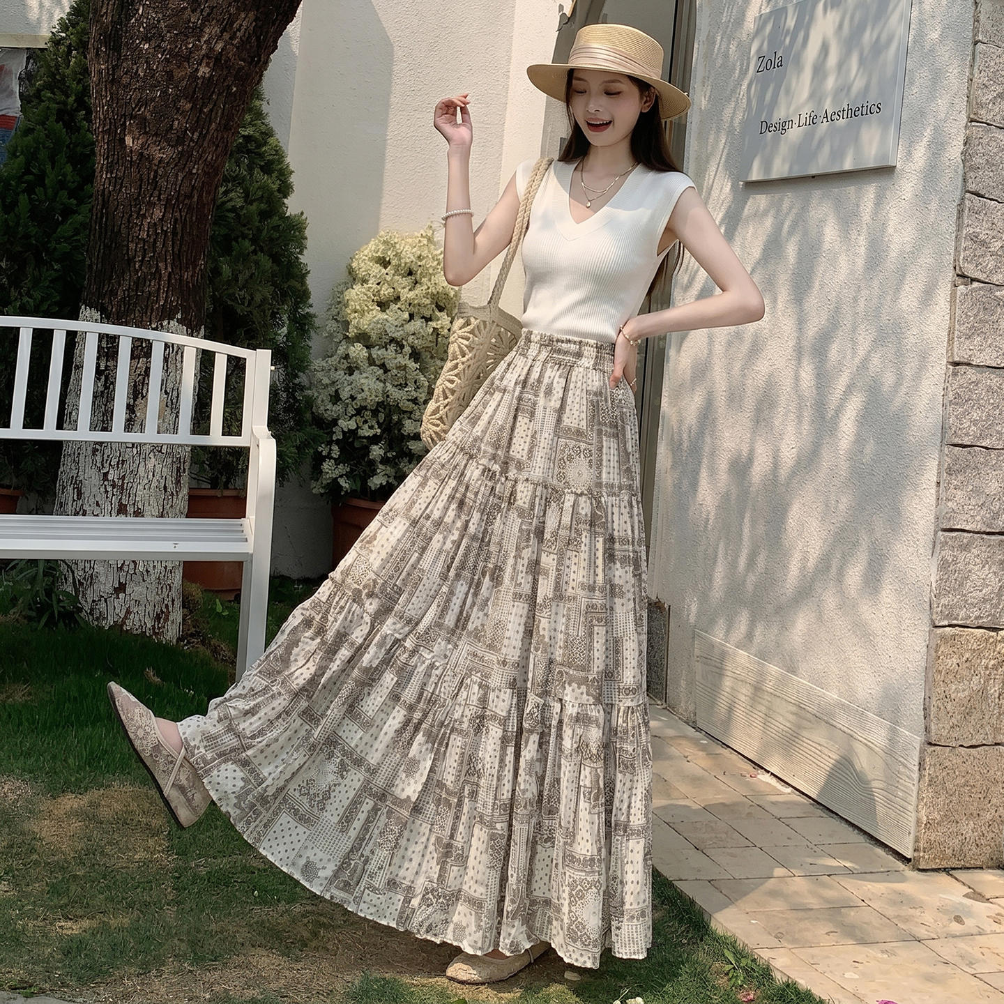 碎花半身裙女夏季2026薄復古格子百褶裙顯瘦遮胯垂感a字裙大擺裙