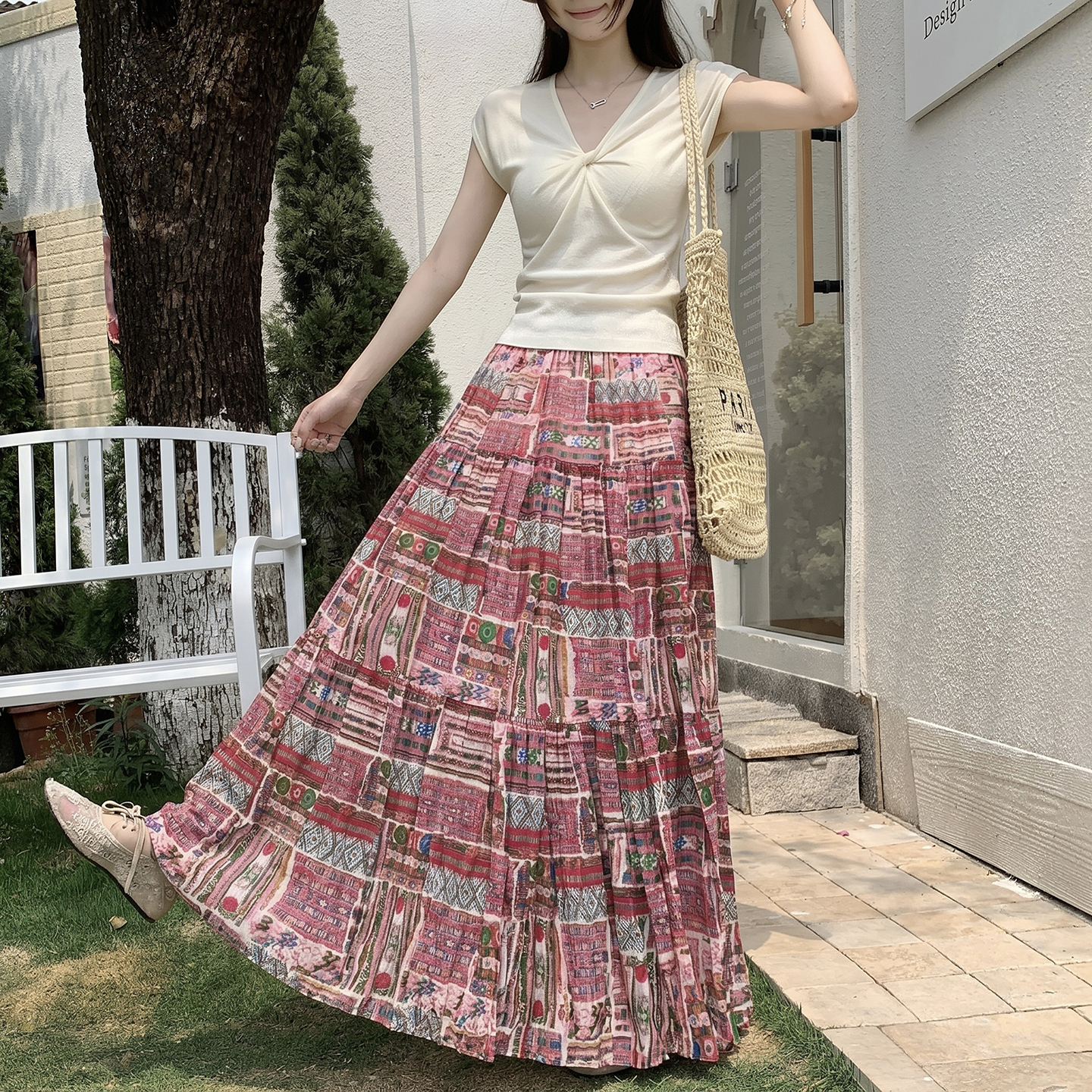 粉色復古雪紡碎花半身裙女2026夏季新款法式大擺長款褶皺蛋糕裙