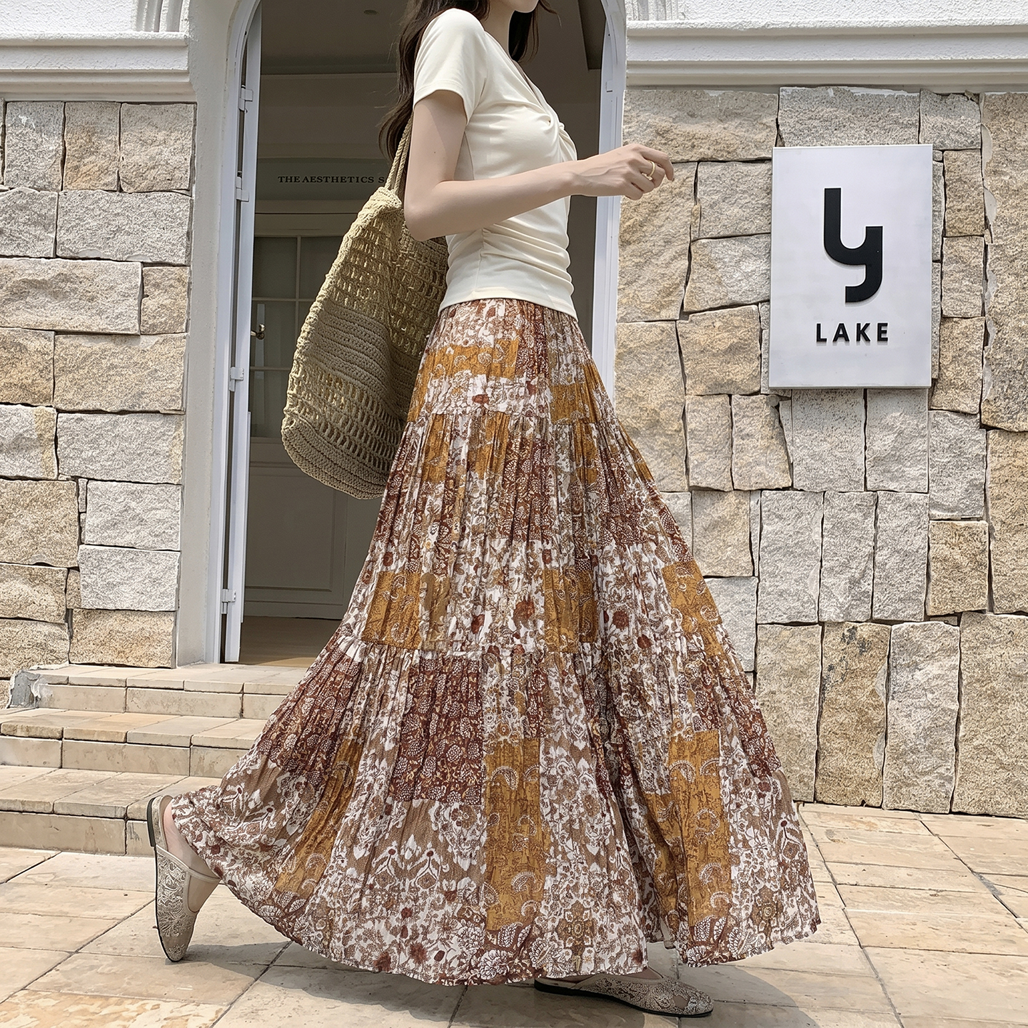 韓系復古拼色花半身裙女2026夏季新款寬松高腰褶皺大裙擺長裙