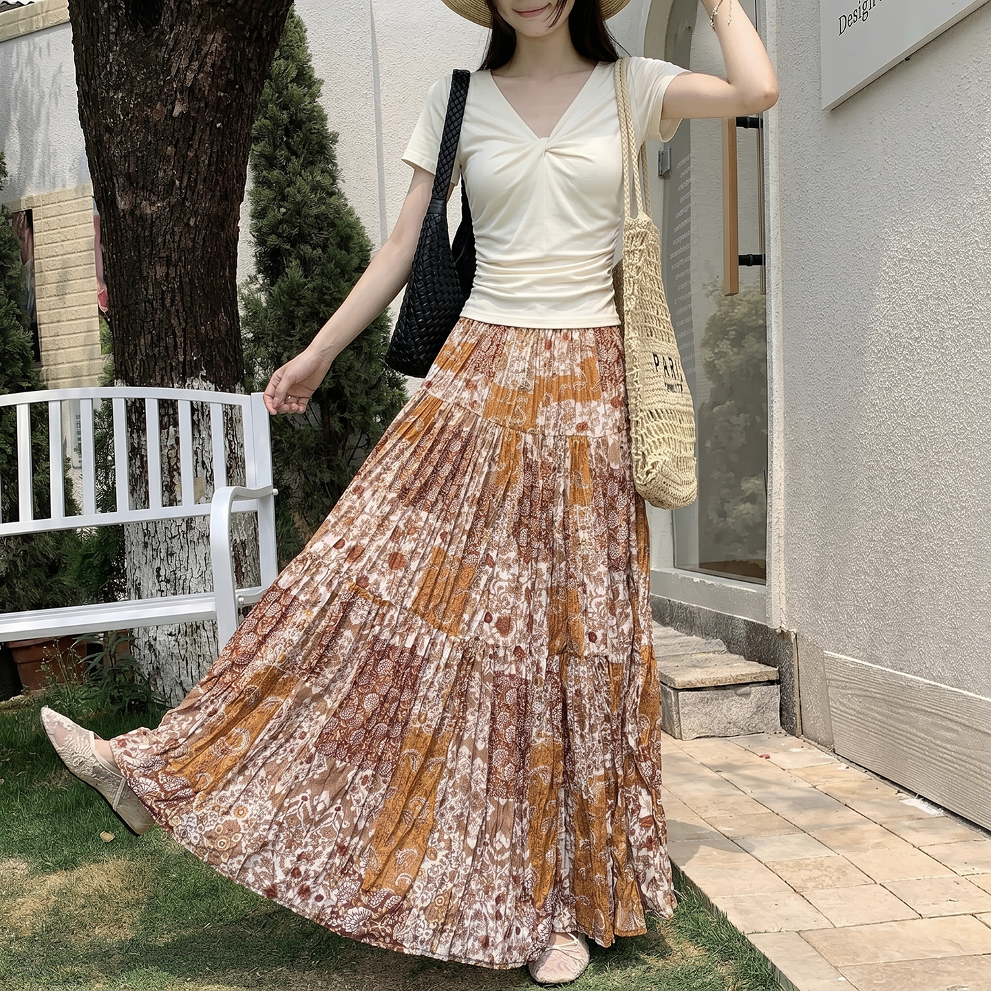韓系復古拼色花半身裙女2026夏季新款寬松高腰褶皺大裙擺長裙