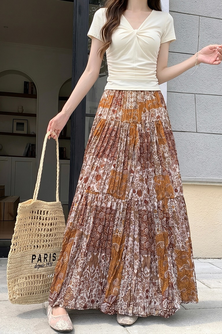韓系復古拼色花半身裙女2026夏季新款寬松高腰褶皺大裙擺長裙