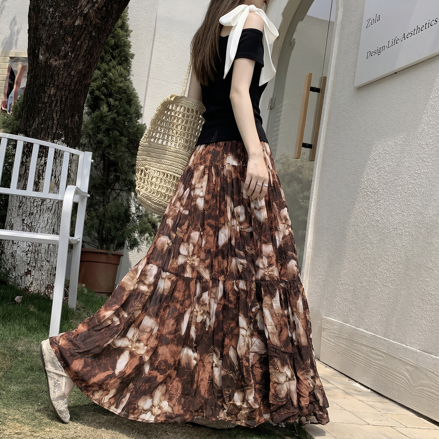 復古雪紡碎花百褶半身裙女2026夏季高級感油畫顯瘦雪紡大擺長裙子