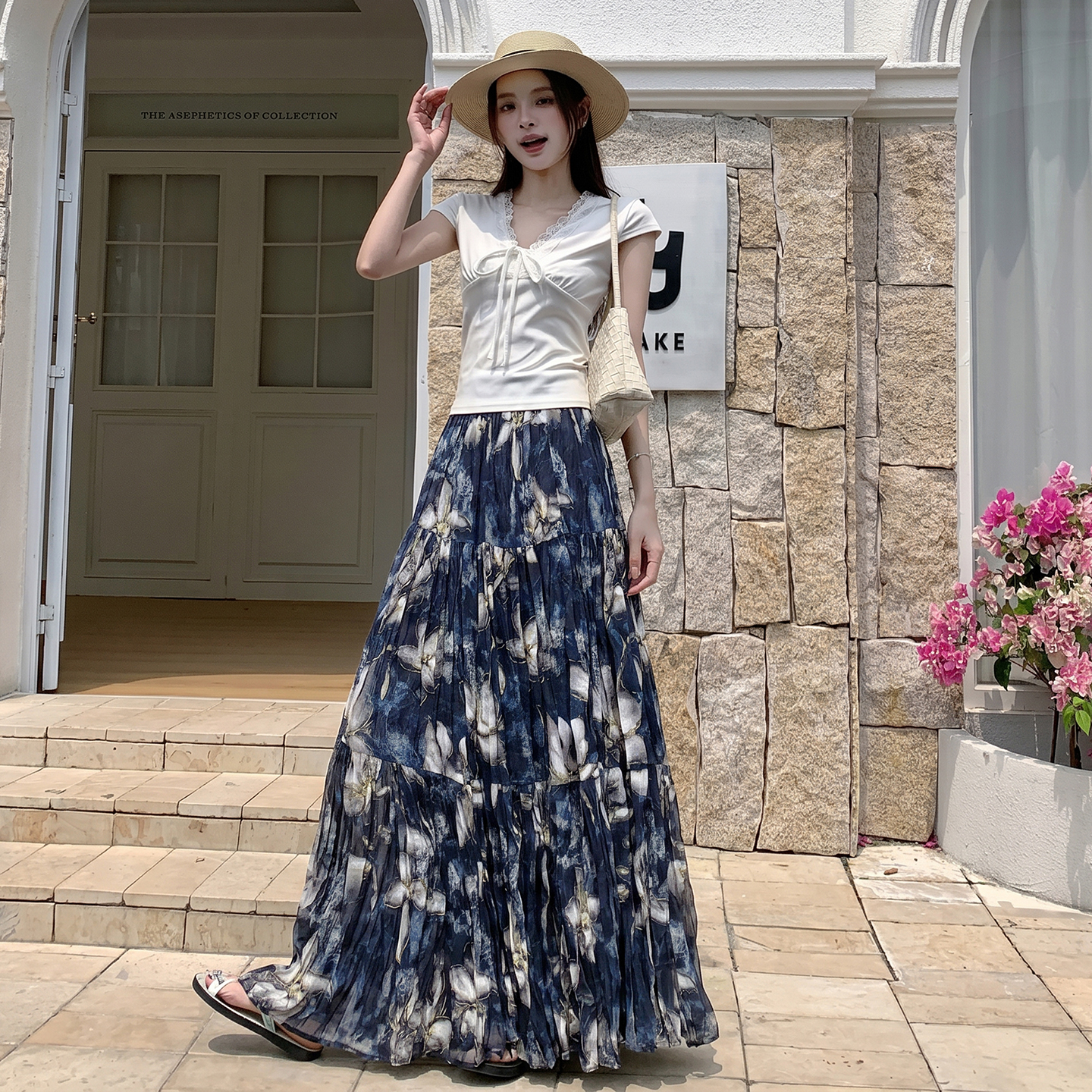 復古雪紡碎花百褶半身裙女2026夏季高級感油畫顯瘦雪紡大擺長裙子