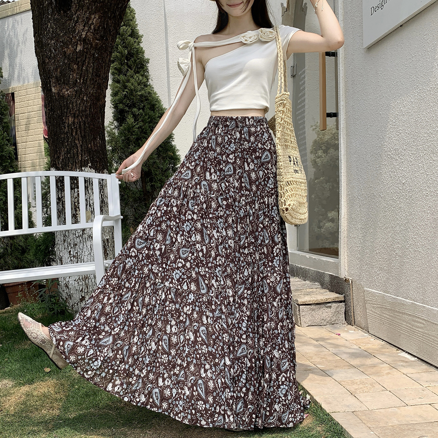 韓系碎花半身裙女2026夏季新款高腰顯瘦A字長裙松緊腰大擺傘裙子