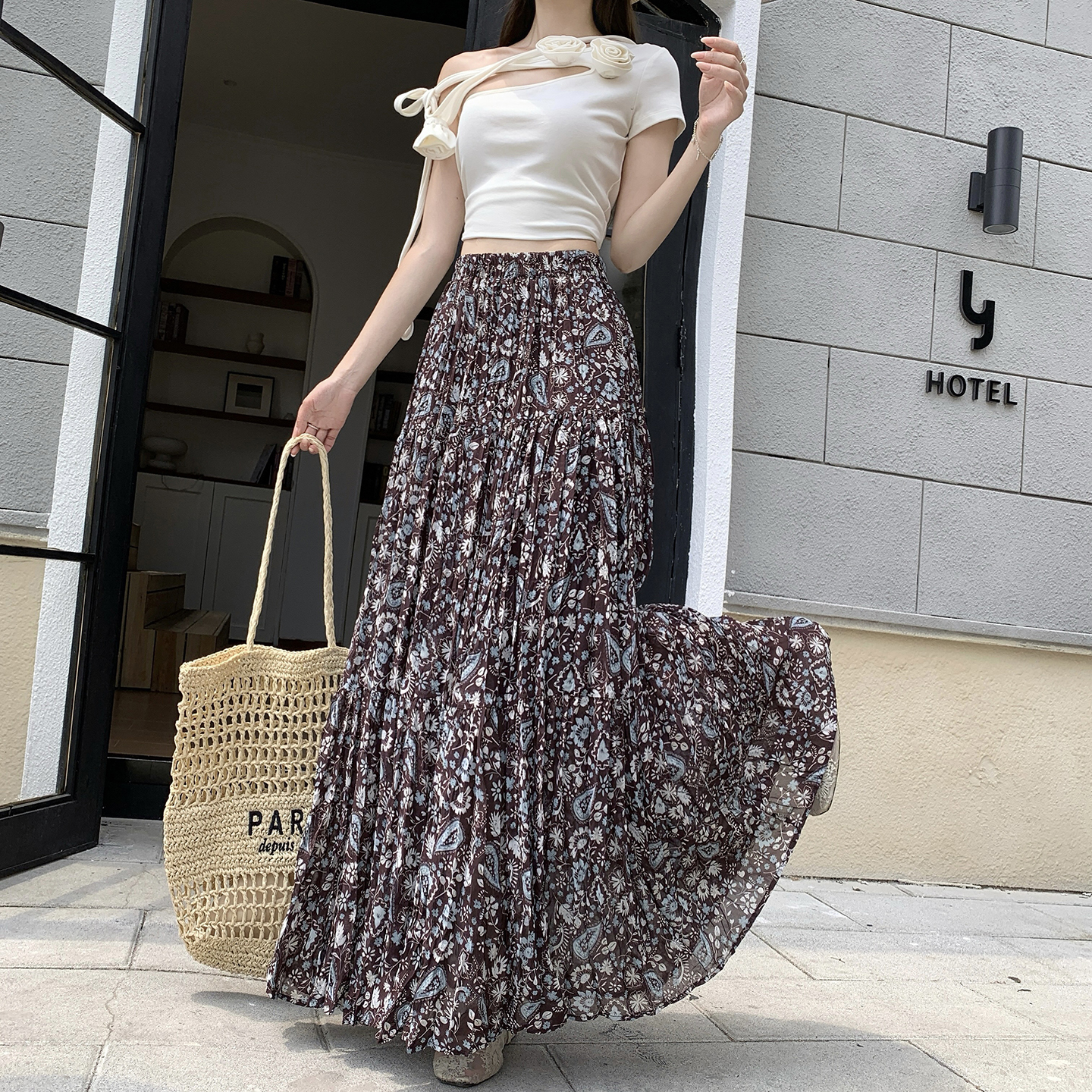韓系碎花半身裙女2026夏季新款高腰顯瘦A字長裙松緊腰大擺傘裙子