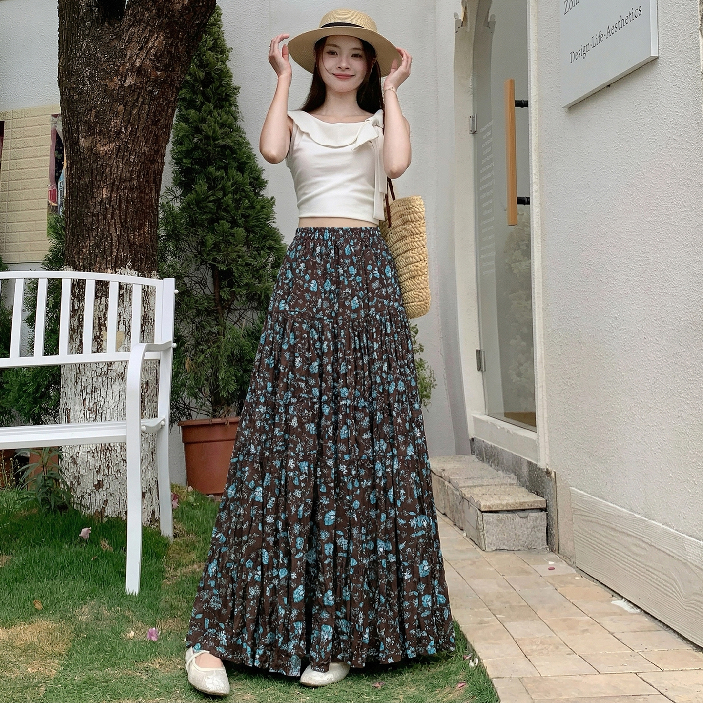 復古藍櫻碎花半身裙女2026夏季新款高腰飄逸顯瘦大擺a字蛋糕裙