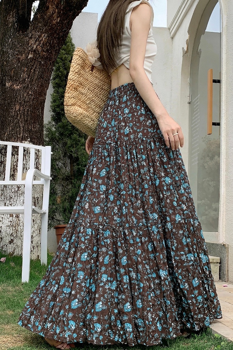 復古藍櫻碎花半身裙女2026夏季新款高腰飄逸顯瘦大擺a字蛋糕裙