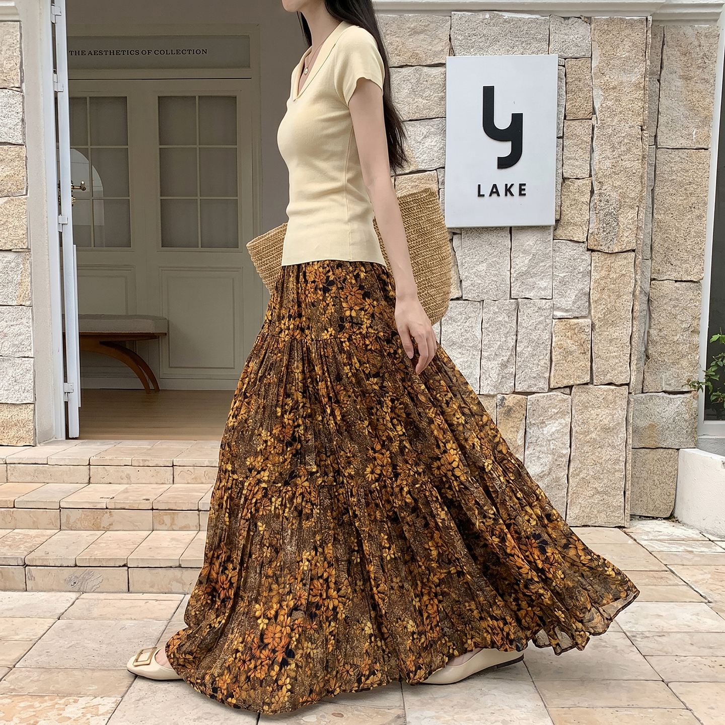 法式溫柔風碎花半身裙女2026夏季雪紡波西米亞顯瘦褶皺大擺長裙子