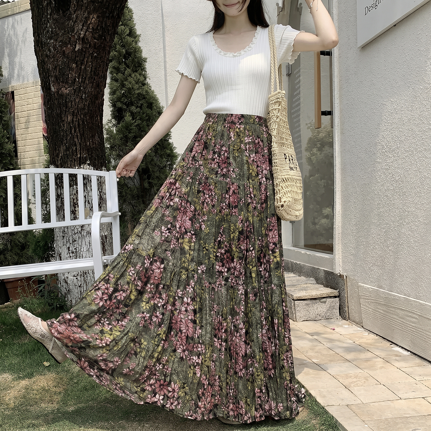 法式溫柔風碎花半身裙女2026夏季雪紡波西米亞顯瘦褶皺大擺長裙子