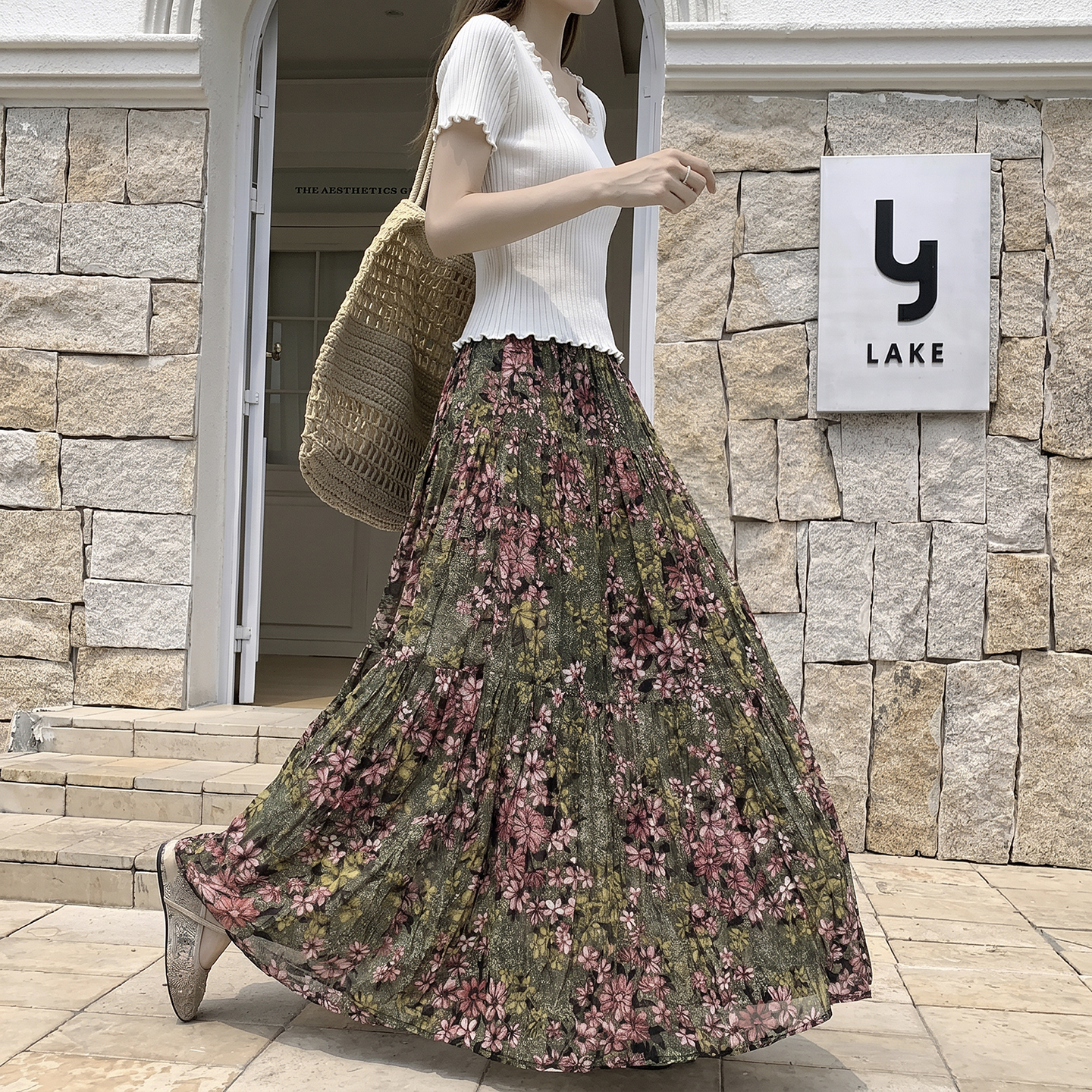 法式溫柔風碎花半身裙女2026夏季雪紡波西米亞顯瘦褶皺大擺長裙子