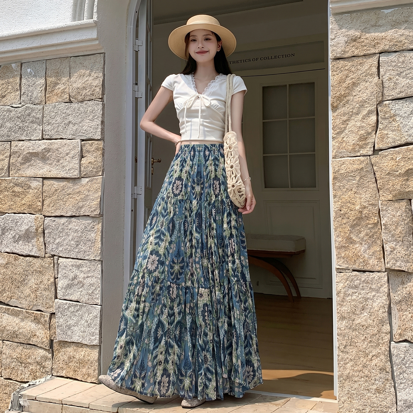 韓系褶皺碎花雪紡半身裙女夏季新款百褶裙高腰顯瘦飄逸a字大擺裙
