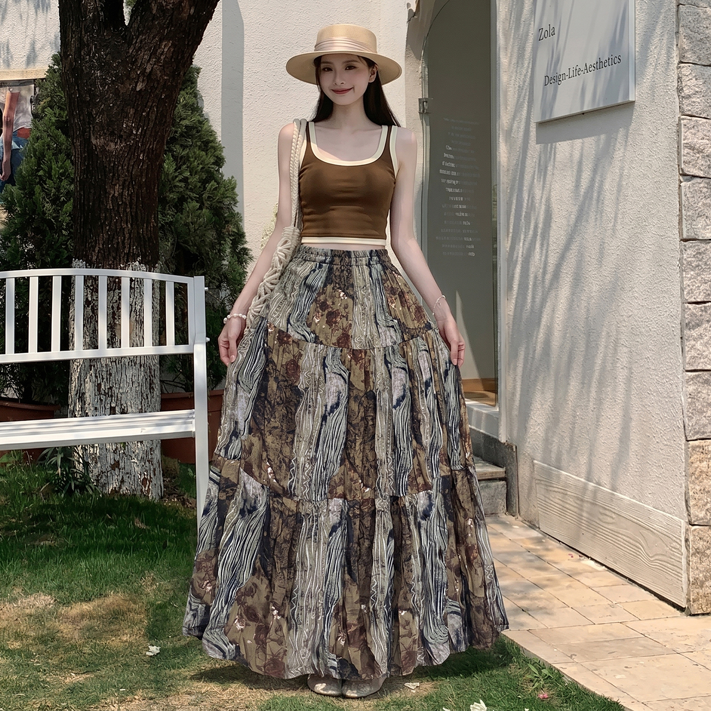 波西米亞風幾何印花半身裙女夏季新款顯瘦松緊腰氣質減齡百搭長裙