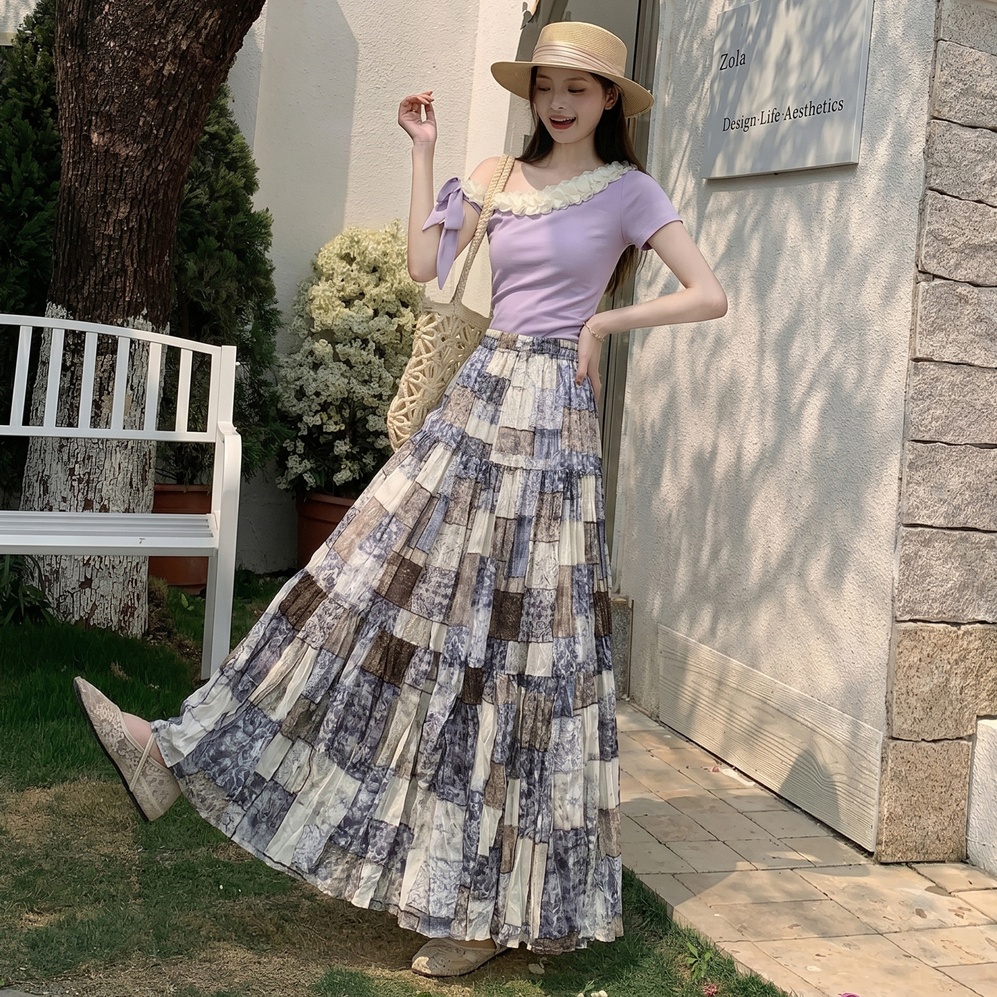 復古拼接印花A字半身裙女2026夏季新款高腰遮胯百搭大擺a字長裙子
