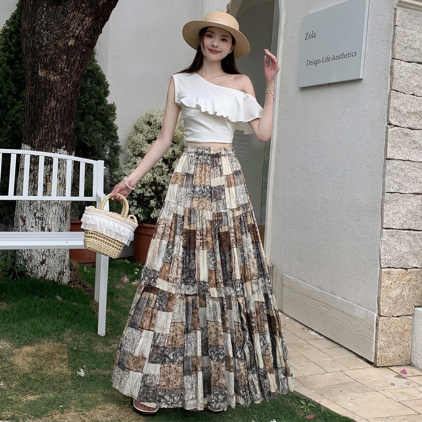復古拼接印花A字半身裙女2026夏季新款高腰遮胯百搭大擺a字長裙子