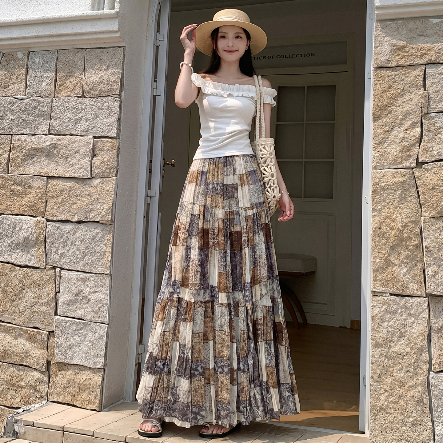 復古拼接印花A字半身裙女2026夏季新款高腰遮胯百搭大擺a字長裙子