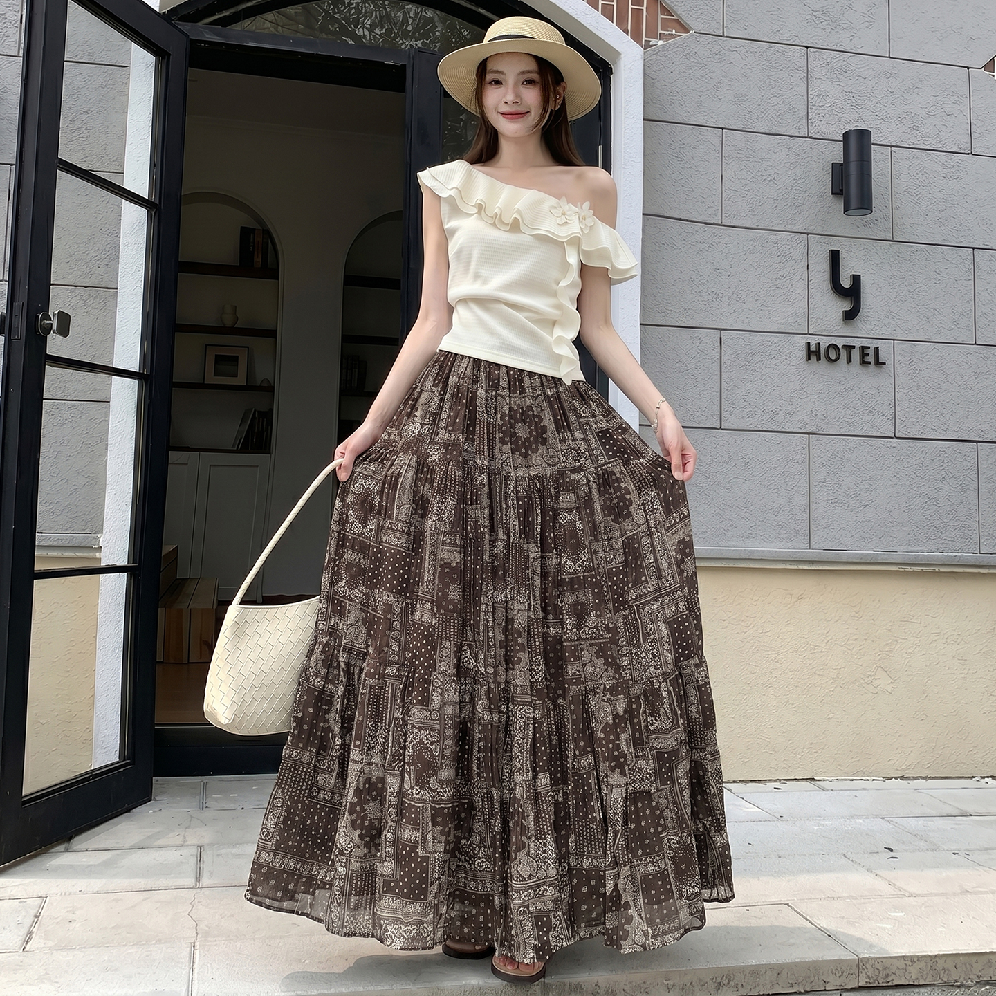 度假慵懶風復古碎花長裙女2026夏季高級感小眾韓系雪紡大擺半身裙