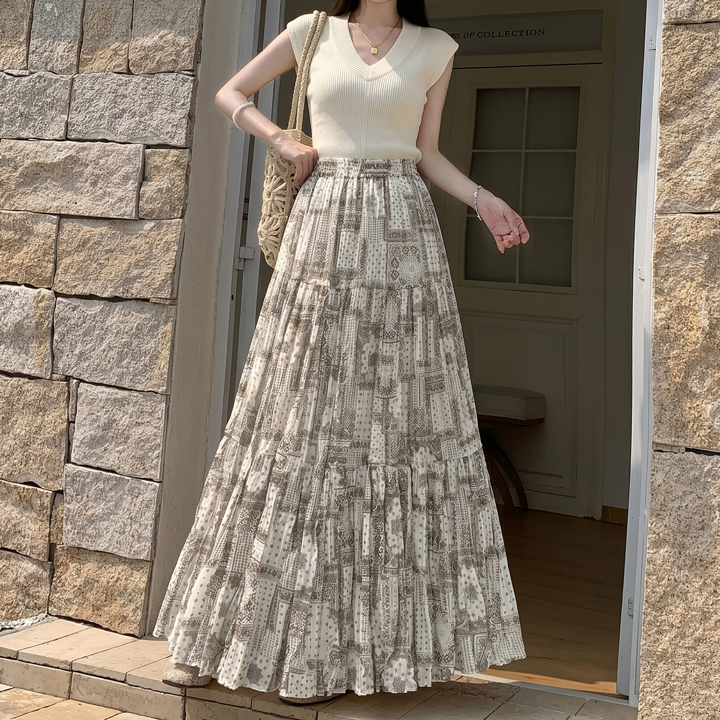 度假慵懶風復古碎花長裙女2026夏季高級感小眾韓系雪紡大擺半身裙