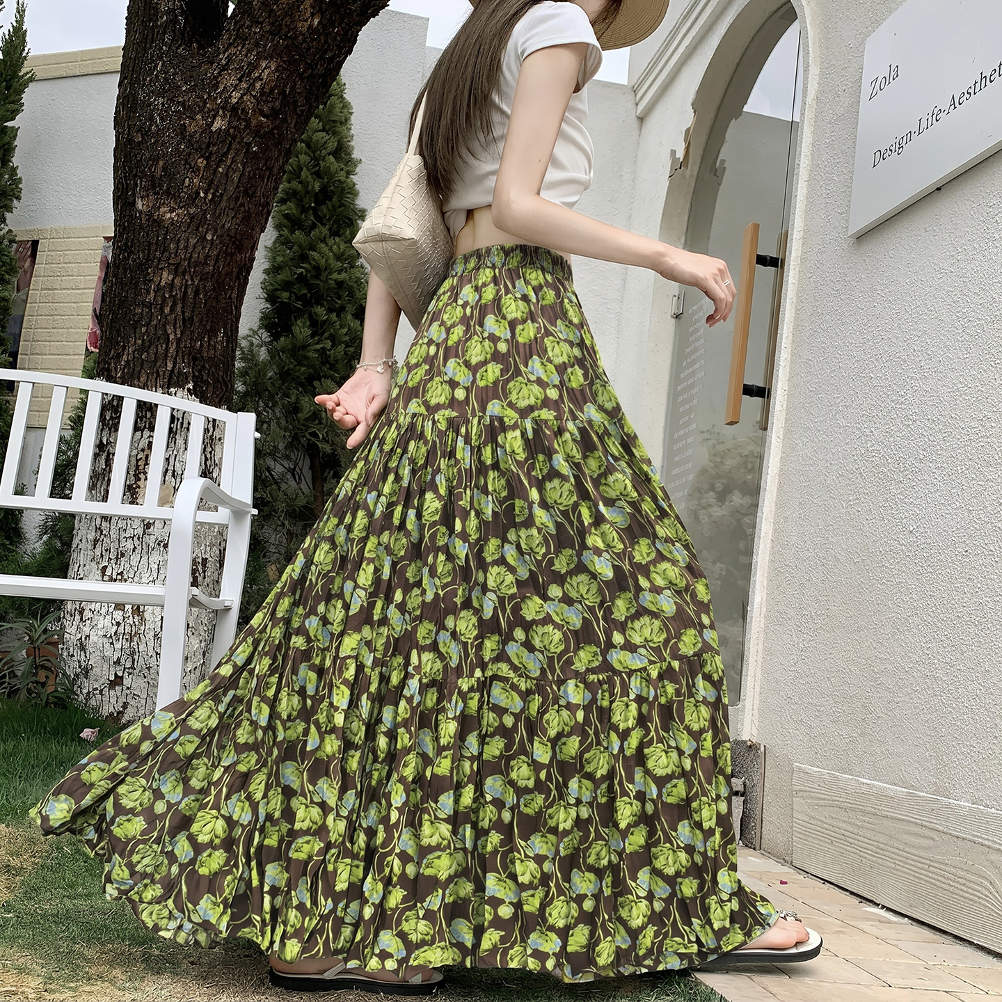 復古綠色碎花A字半身裙女高腰顯瘦百褶長裙松緊腰褶皺印花大擺裙