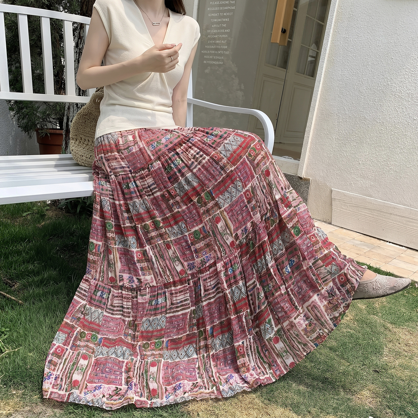 2026波西米亞民族風印花半身裙女高腰長裙度假風雪紡褶皺花裙子