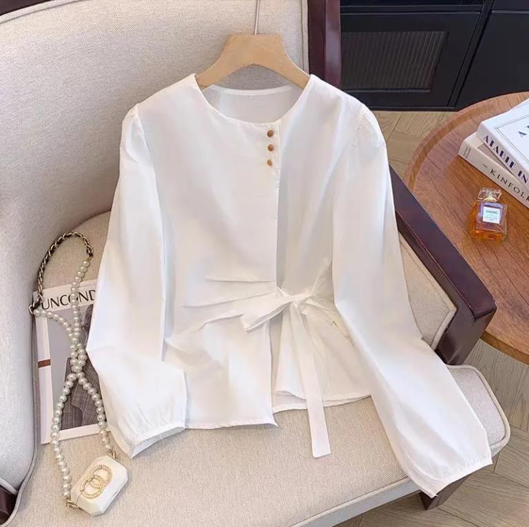 MY13510# 韩系气质长袖衬衫女款蝴蝶结绑带别致衬衣不规则设计独特上衣女裝貨源服裝批發