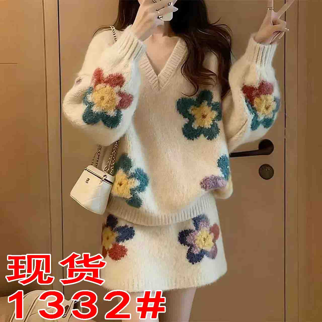 MY15940# 小个子慵懒软糯花朵V领潮高级感针织毛衣短裙两件套女裝貨源...