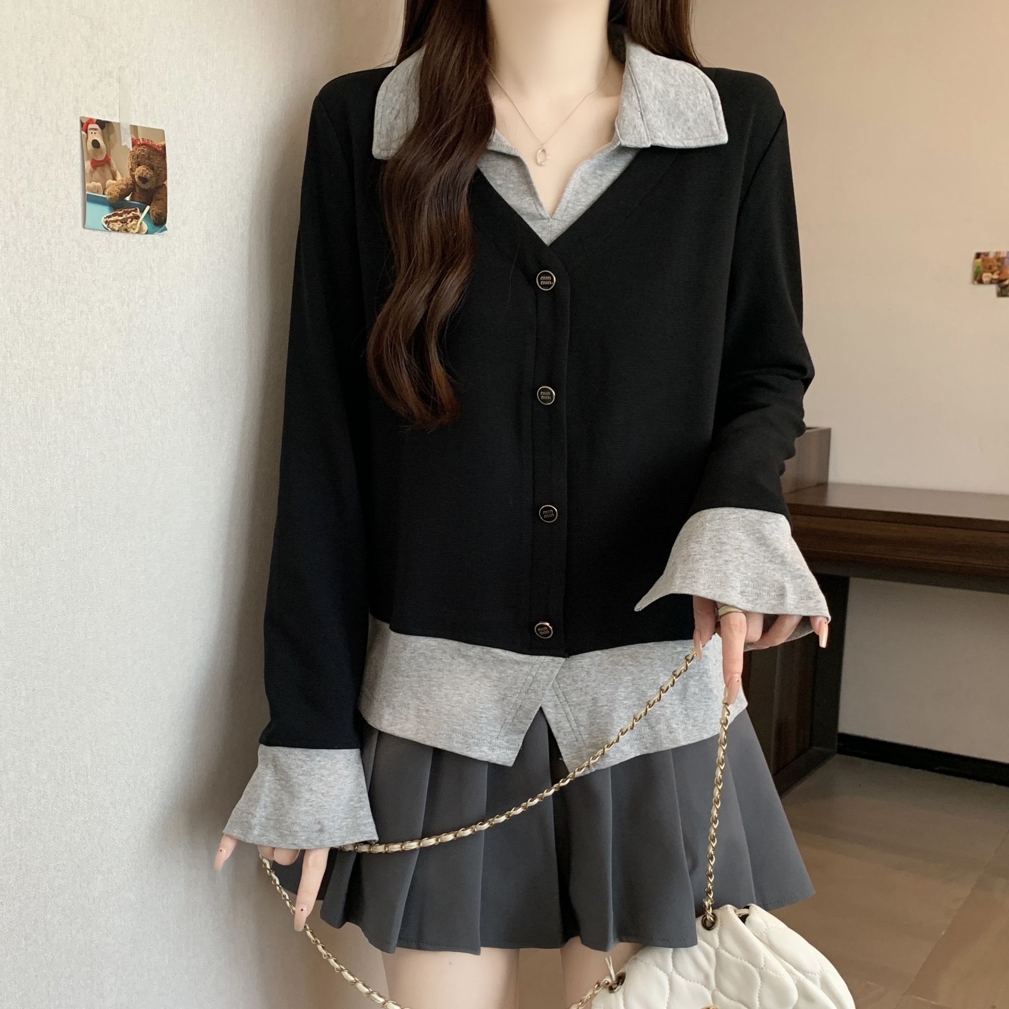 MY14513# 徳绒德绒设计感假两件拼接翻领长袖衬衫女上衣女裝貨源服裝批...