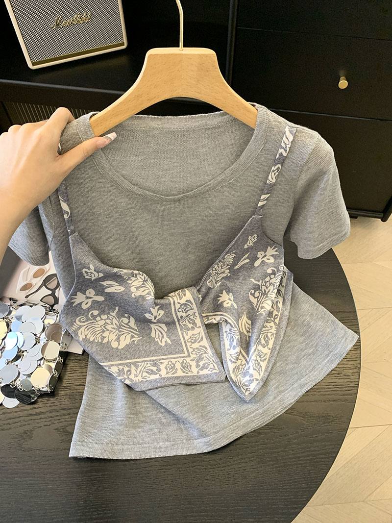 MY10540# 蝴蝶结丝巾假两件圆领短袖T恤夏季新款时尚复古上衣女女裝貨源服裝批發