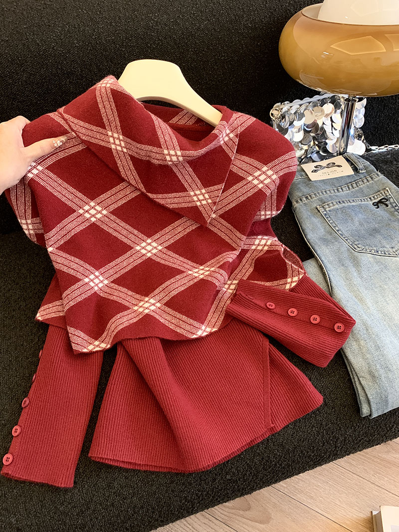 MY14875# 新款韩版修身两件套格子斗篷披肩加简约套头毛衣女裝貨源服裝批發